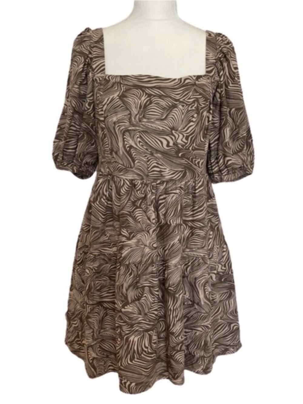 House of Harlow 1960 x Revolve Brown & Cream Linen Blend Puff Sleeve Mini Dress